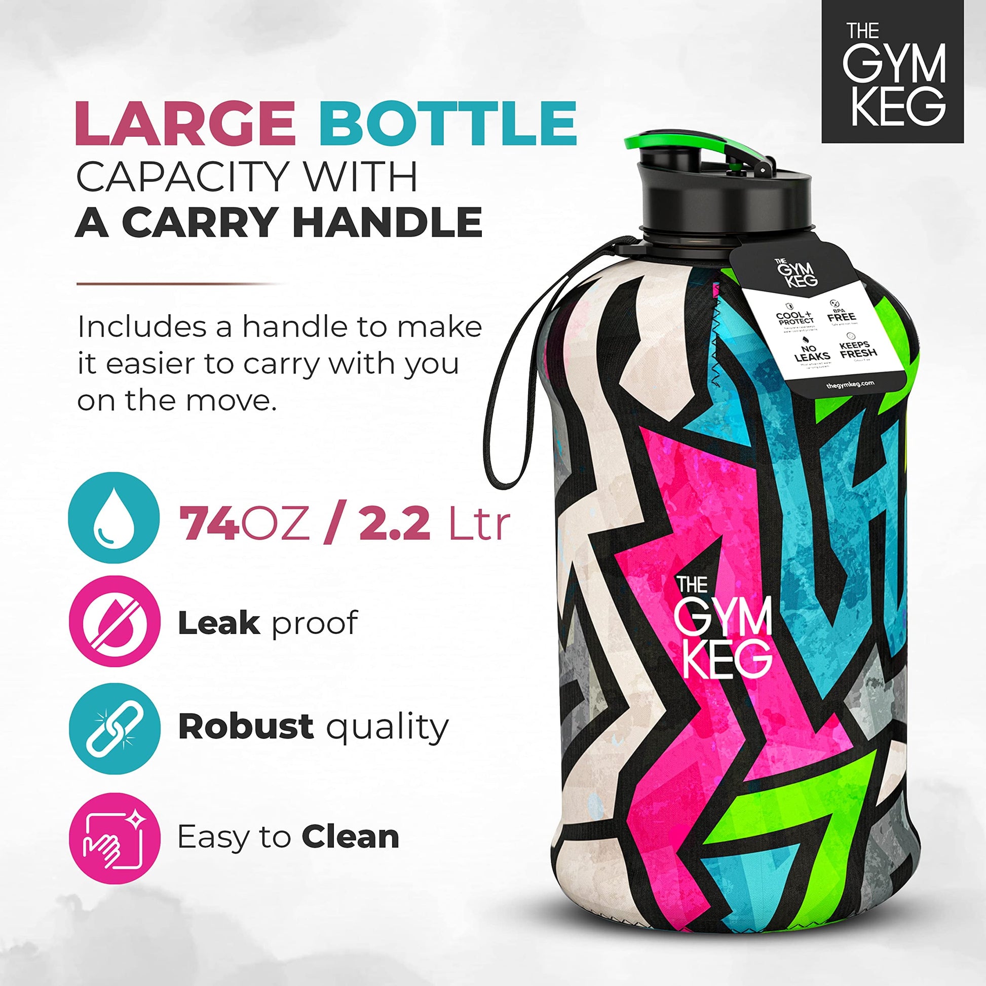 Sports Water Bottle 2.2 L Insulated Half Gallon Carry Handle Big Water